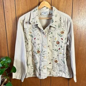 Vintage Tantrums Beige Embroidered Floral Button Up Jacket Women's XL Cotton